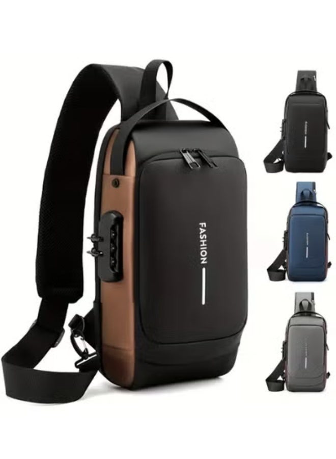 فاشون حقيبة كتف مضادة للسرقة للرجال، حقيبة كتف رياضية مضادة للسرقة، حقيبة كتف مضادة للسرقة، حقيبة صدر مضادة للماء، حقيبة دراجة نارية، شحن يو اس بي، حقائب كتف ماسنجر - Image 1